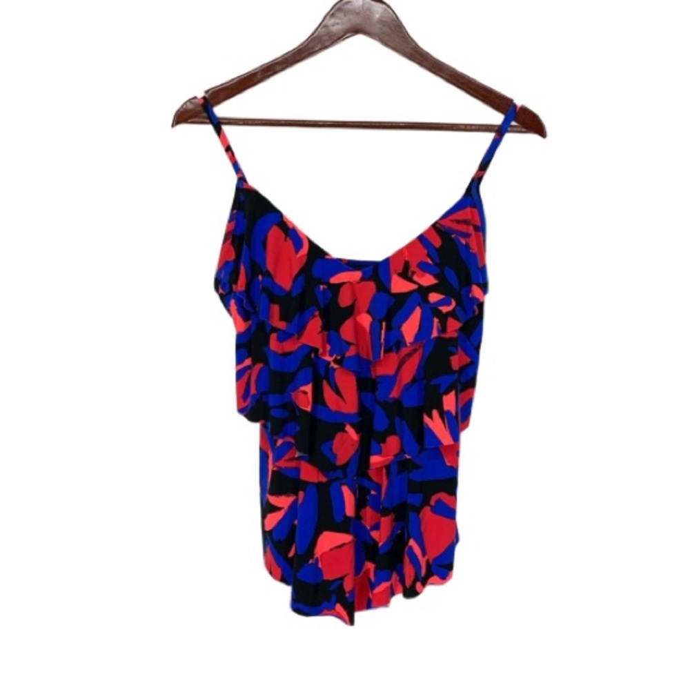 Aqua Green Ruffled Dark Abstract Petal Print Adjustable Swim Tank Swimsuit Nwt
